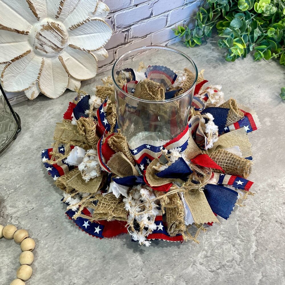 4th of July Decor, Patriotic Rag Candle Ring, Red White and Blue Rag Candle Ring